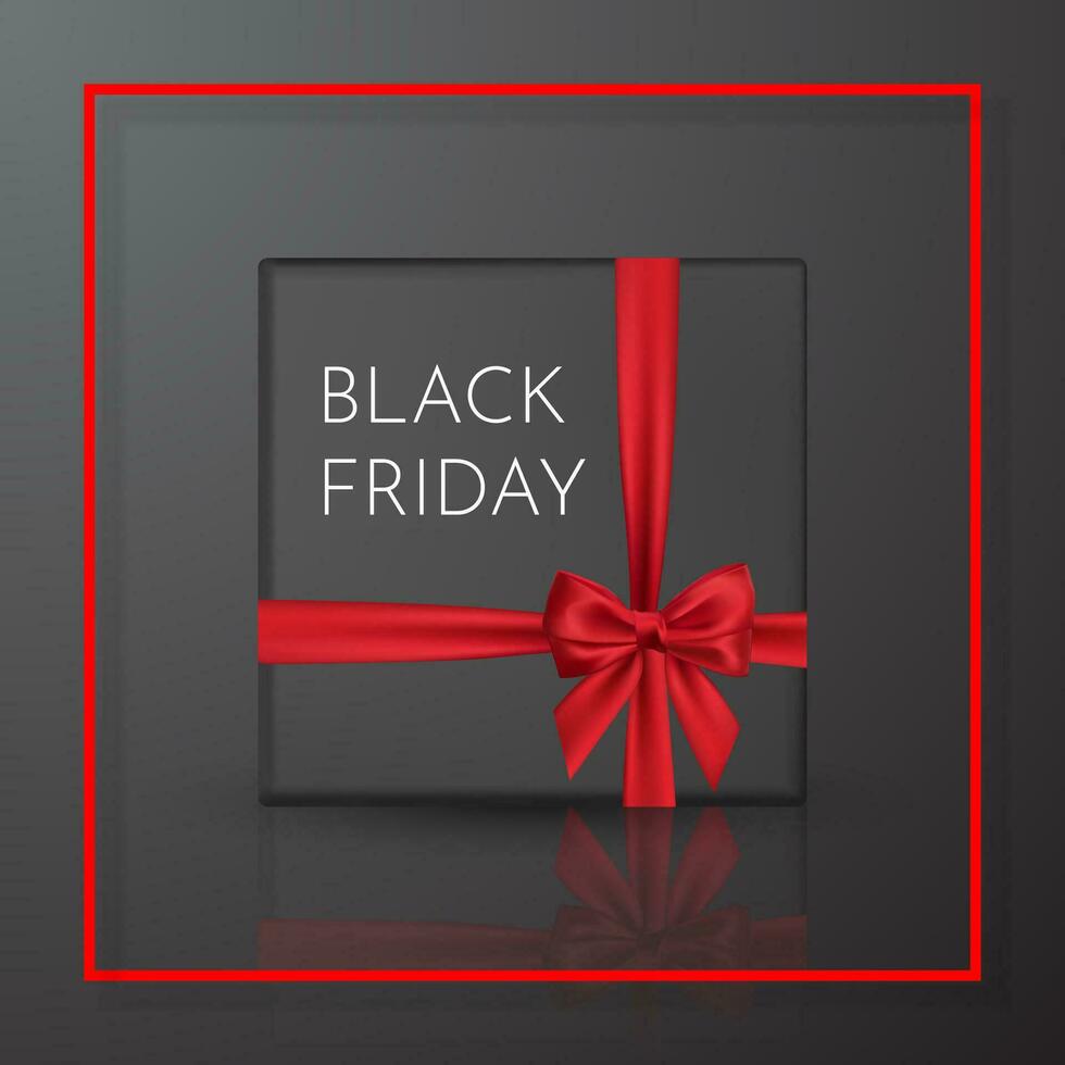Black Friday. Realistic black gift box with red bow and ribbon. Element for decoration gifts, greetings, holidays. Vector illustration