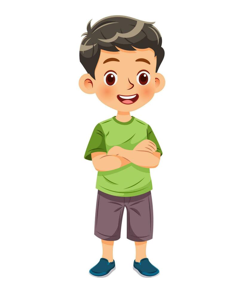 Vector illustration cartoon of a cute boy standing and smiling in colorful and casual clothes