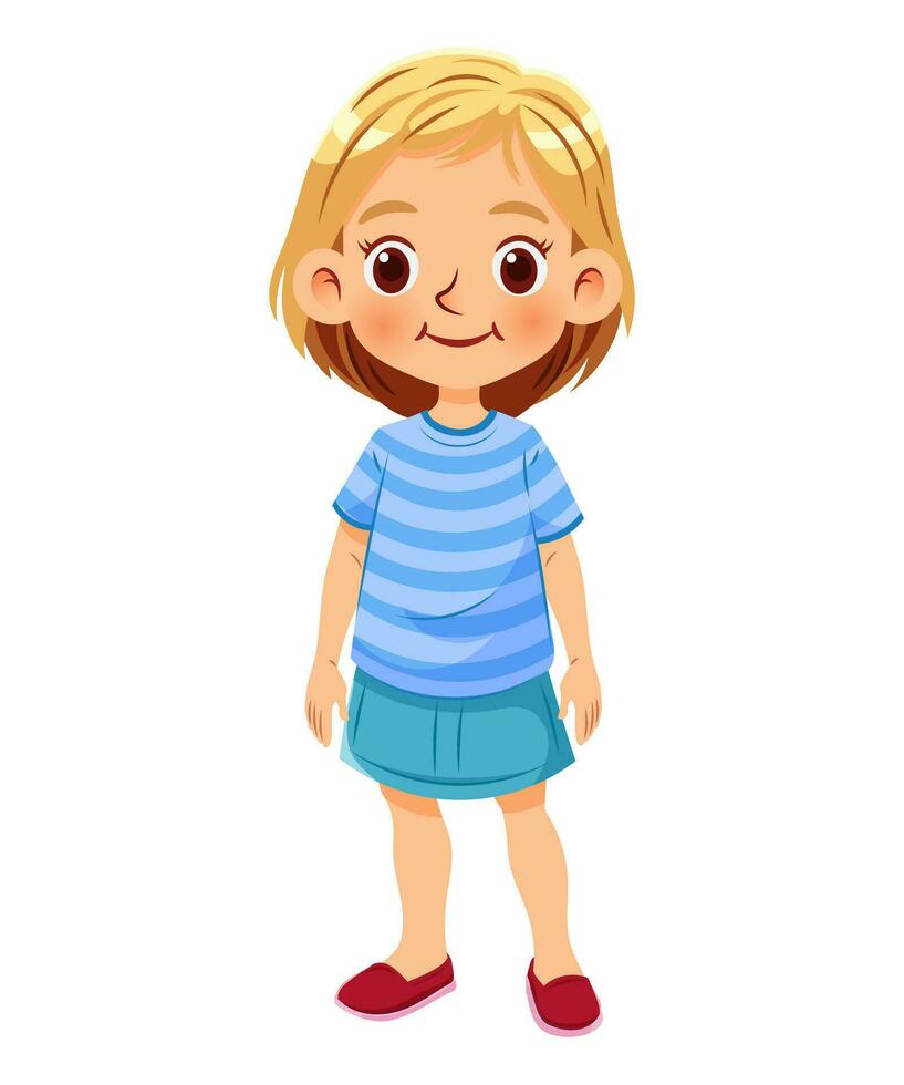 vector ilustración dibujos animados de un linda niña en pie y sonriente mientras vestido en vistoso y casual ropa