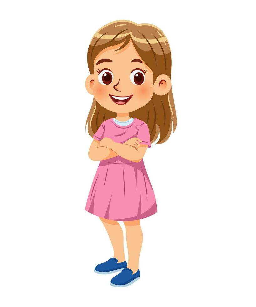 vector ilustración dibujos animados de un linda niña en pie y sonriente mientras vestido en vistoso y casual ropa