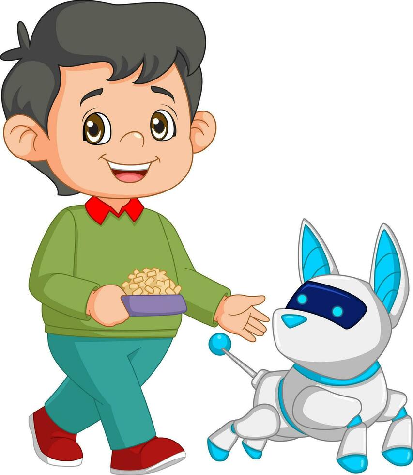 a little boy is giving food for cyber dog vector