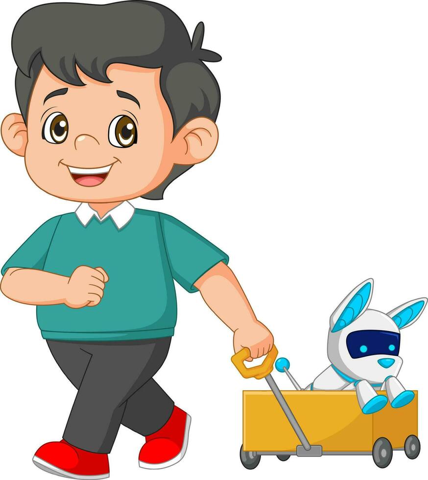 Boy pulling cart with cyber dog vector