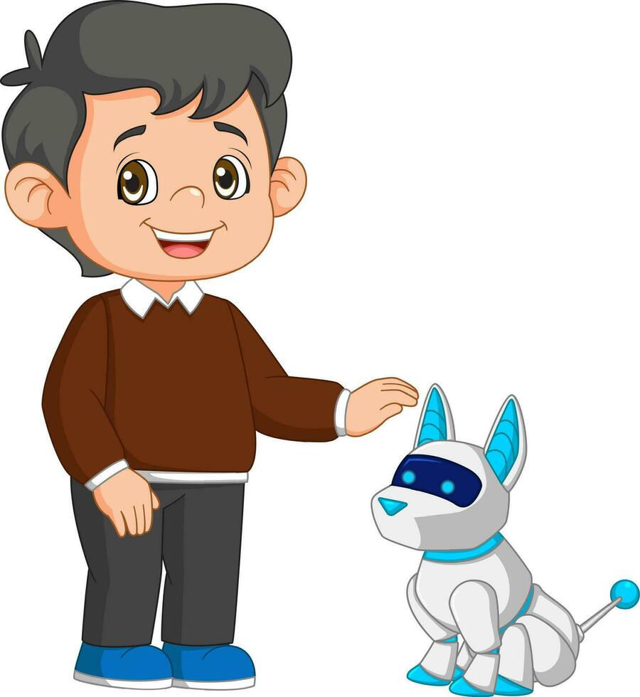 un pequeño chico jugando con ciber perro vector