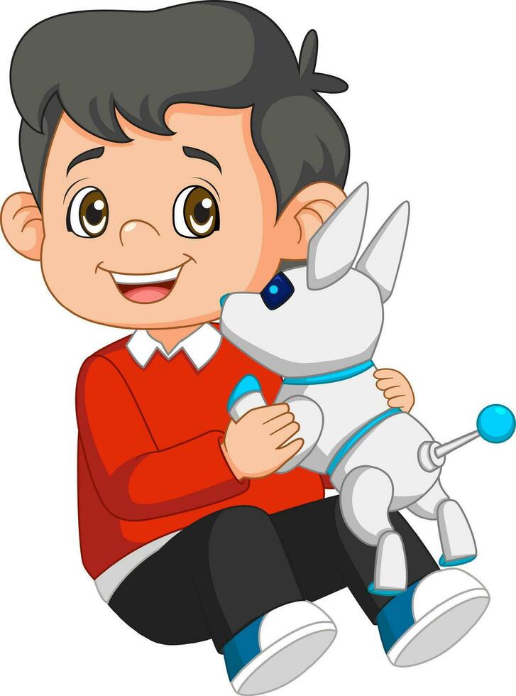 Happy young boy lovingly hugging his cyber dog vector