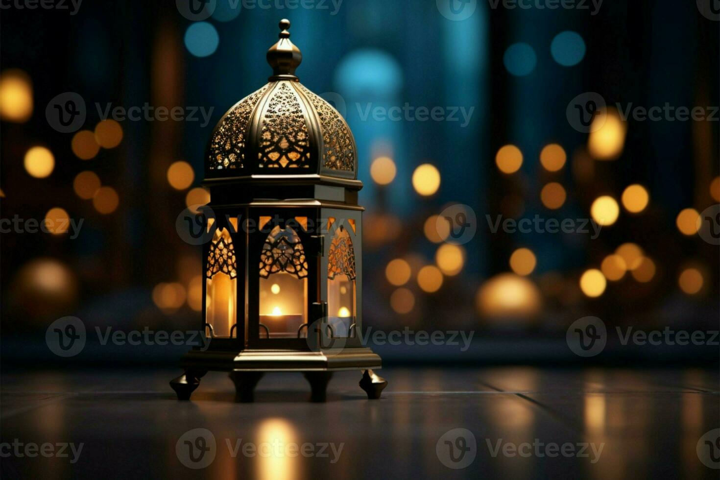 AI generated Ornamental Arabic lantern graces the backdrop of a Ramadan celebration photo