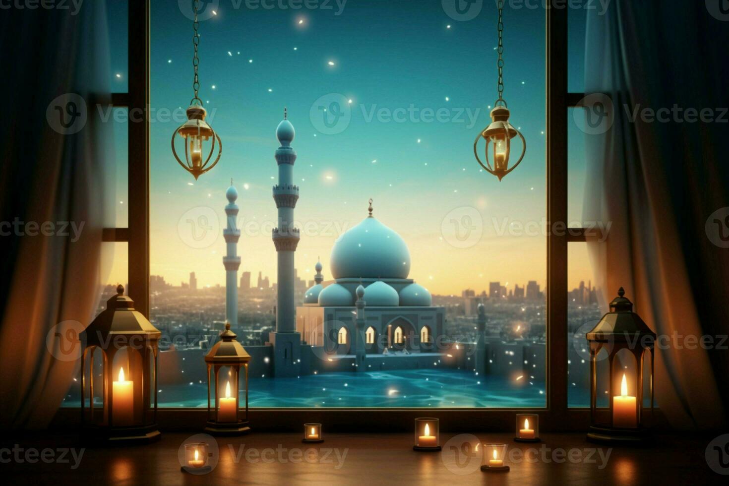 AI generated Window concept blends with Eid Al Fitr charm lantern, mosque photo