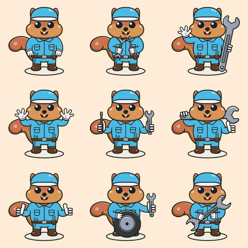 Mascot cartoon of cute Squirrel wearing mechanic uniform and cap. Cute Squirrel illustration. Character animal. Mechanic cartoon set. Vector illustration in isolated background.