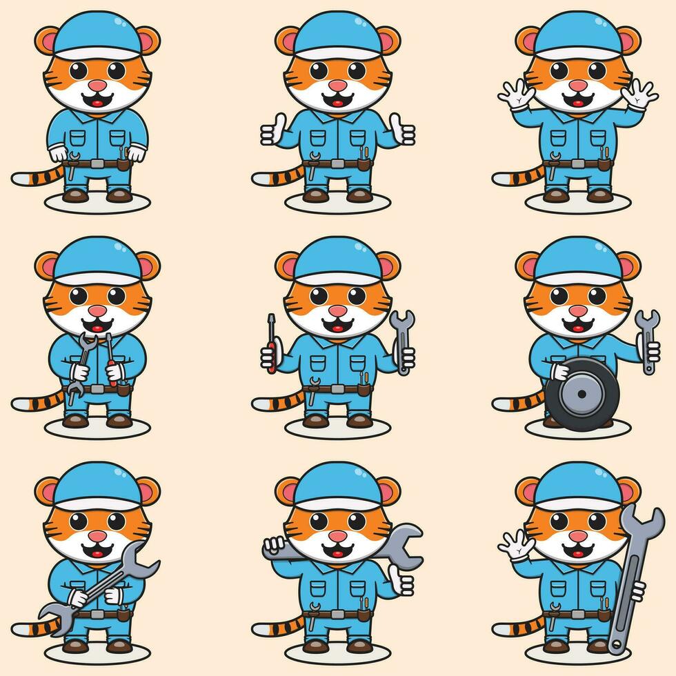 mascota dibujos animados de linda Tigre vistiendo mecánico uniforme y gorra. linda Tigre ilustración. personaje animal. mecánico dibujos animados colocar. vector ilustración en aislado antecedentes.
