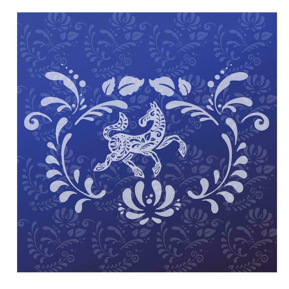 horse greeting card, blue and white horse in ethnic Russian style, symbol of the year, vector illustration eps 10