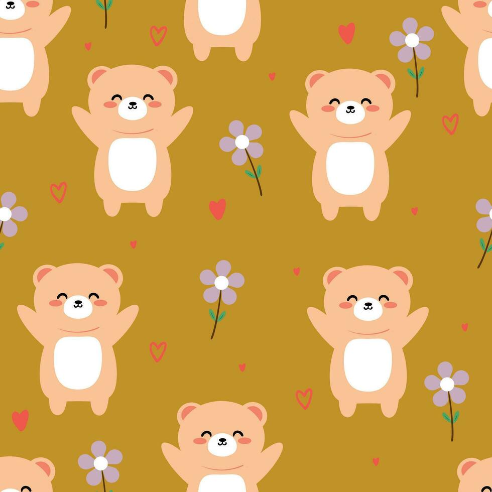 Seamless pattern with cute cartoon bears and purple flowers, for fabric prints, textiles, gift wrapping paper. colorful vector for children, flat styl