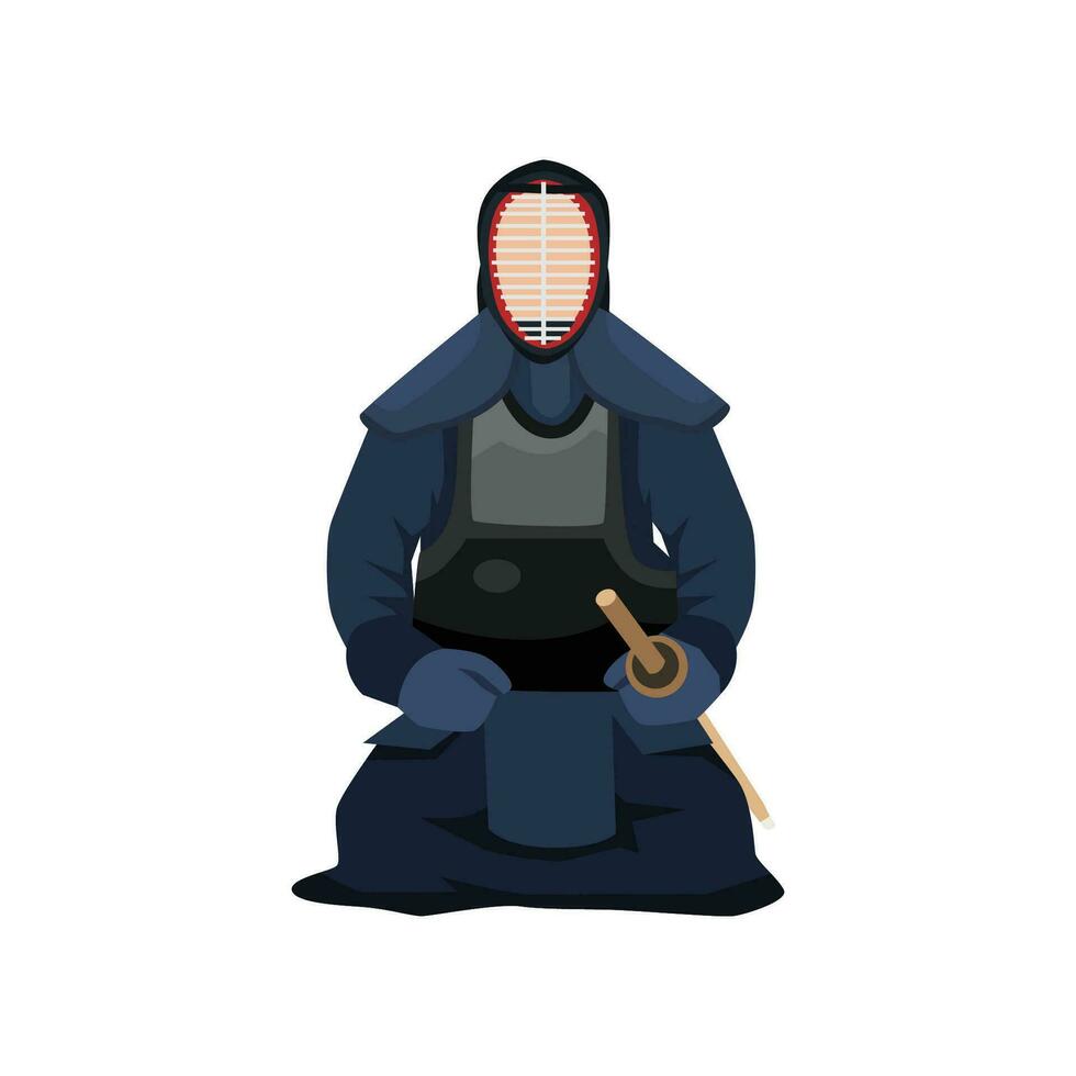 Young man sitting upright wearing a kendo kimono and helmet in traditional armor. vector