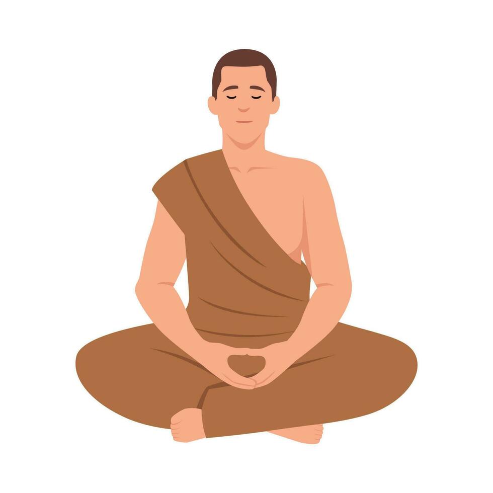 Buddhist monk meditating in lotus pose. Meditation and zen in buddhism. Bald man in orange robe at spiritual practice. Asian Tibetan faith. vector