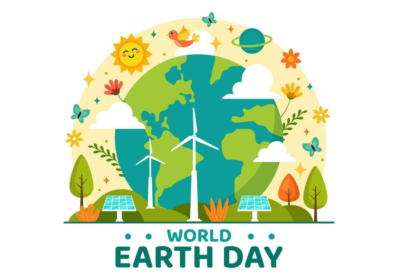 mundo tierra día vector ilustración en abril 22 con mundo mapa y plantas o arboles para verdeado conciencia en ambiente plano dibujos animados antecedentes
