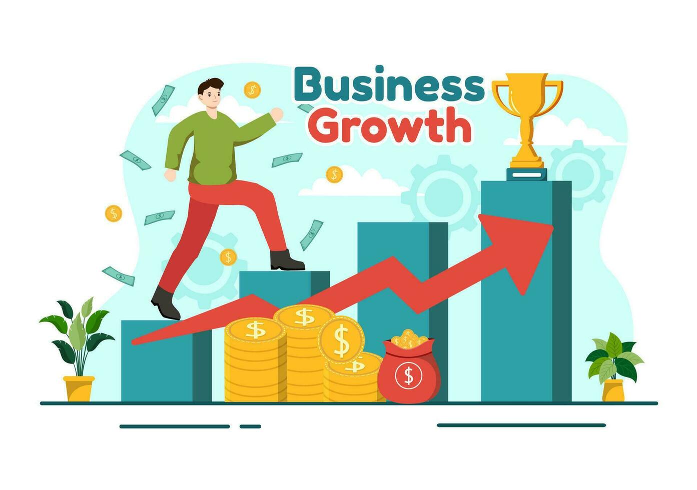 Business Growth Vector Illustration with Arrow Target Direction Up, Increase Profits, Boost and Idea Planning Money Increasing in Flat Background