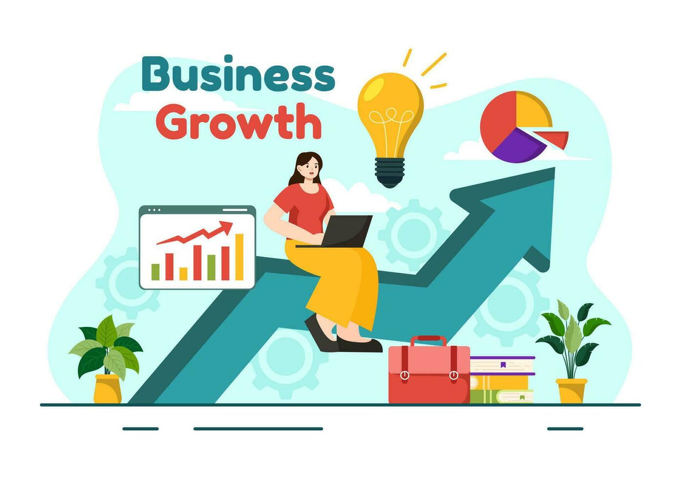 negocio crecimiento vector ilustración con flecha objetivo dirección arriba, incrementar ganancias, aumentar y idea planificación dinero creciente en plano antecedentes