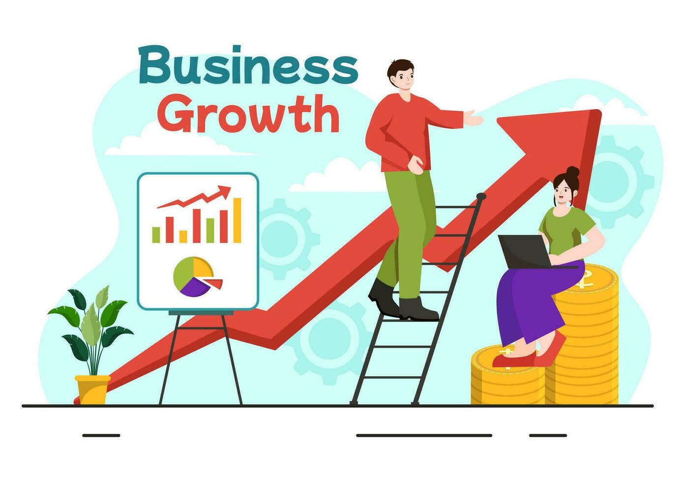 negocio crecimiento vector ilustración con flecha objetivo dirección arriba, incrementar ganancias, aumentar y idea planificación dinero creciente en plano antecedentes