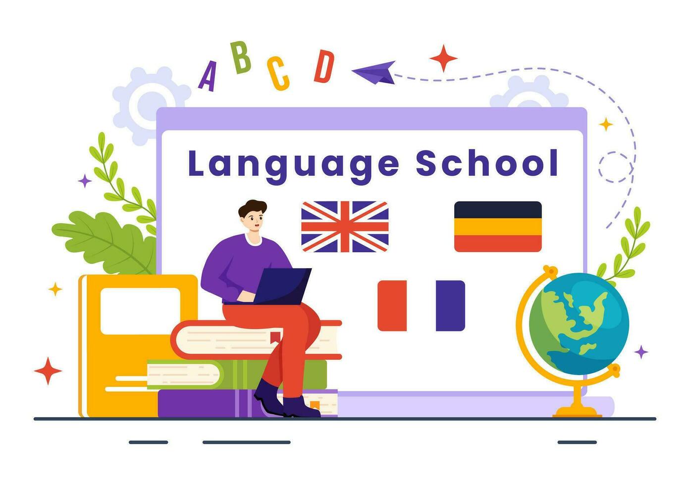 Language School Vector Illustration of Online Learning, Courses, Training Program and Study Foreign Hallo Languages Abroad in Flat Background