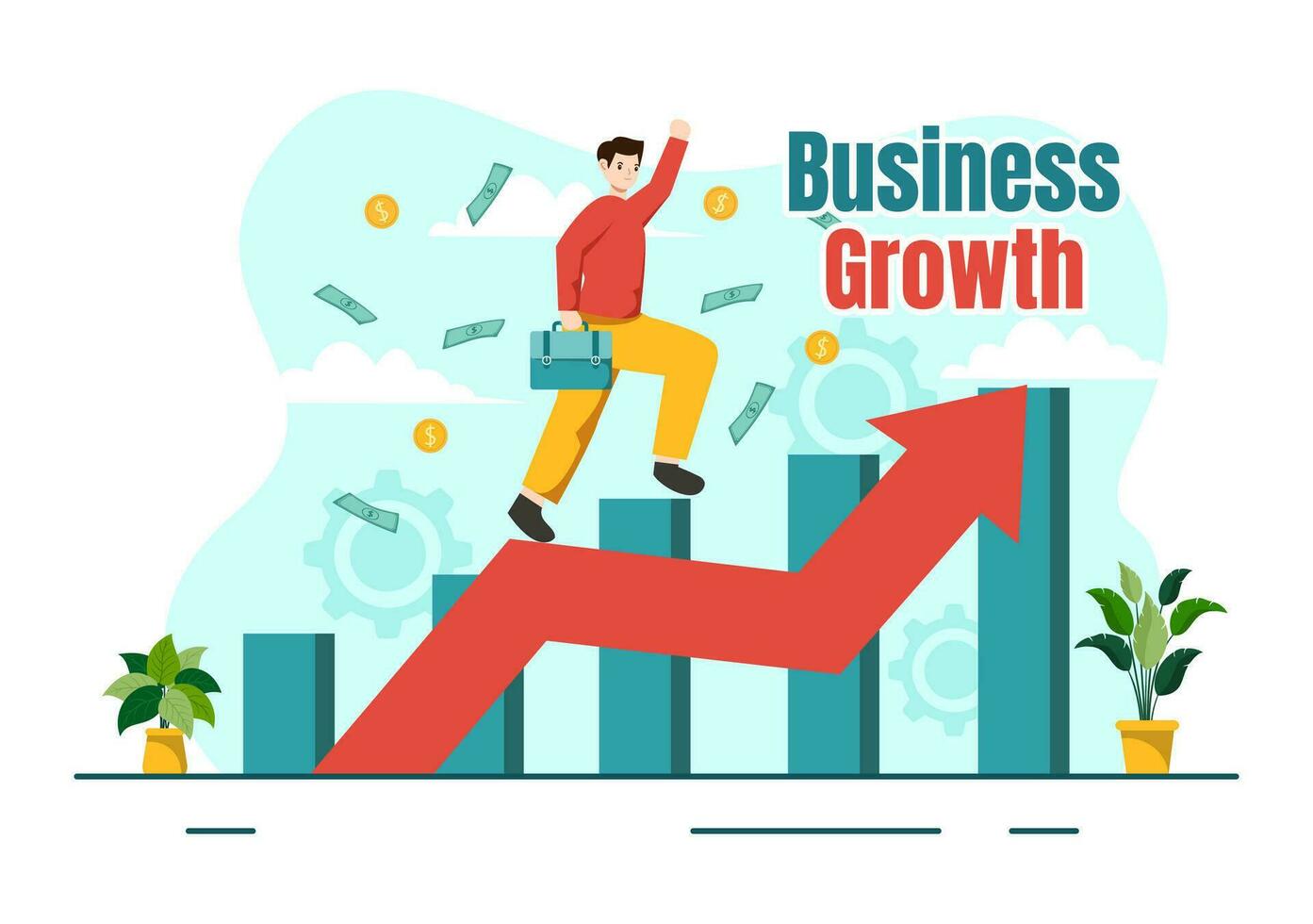 Business Growth Vector Illustration with Arrow Target Direction Up, Increase Profits, Boost and Idea Planning Money Increasing in Flat Background