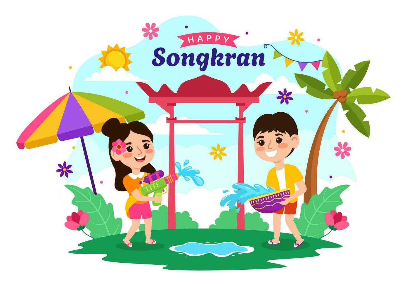 contento Songkran festival día vector ilustración con niños jugando agua pistola en Tailandia celebracion en nacional fiesta plano dibujos animados antecedentes