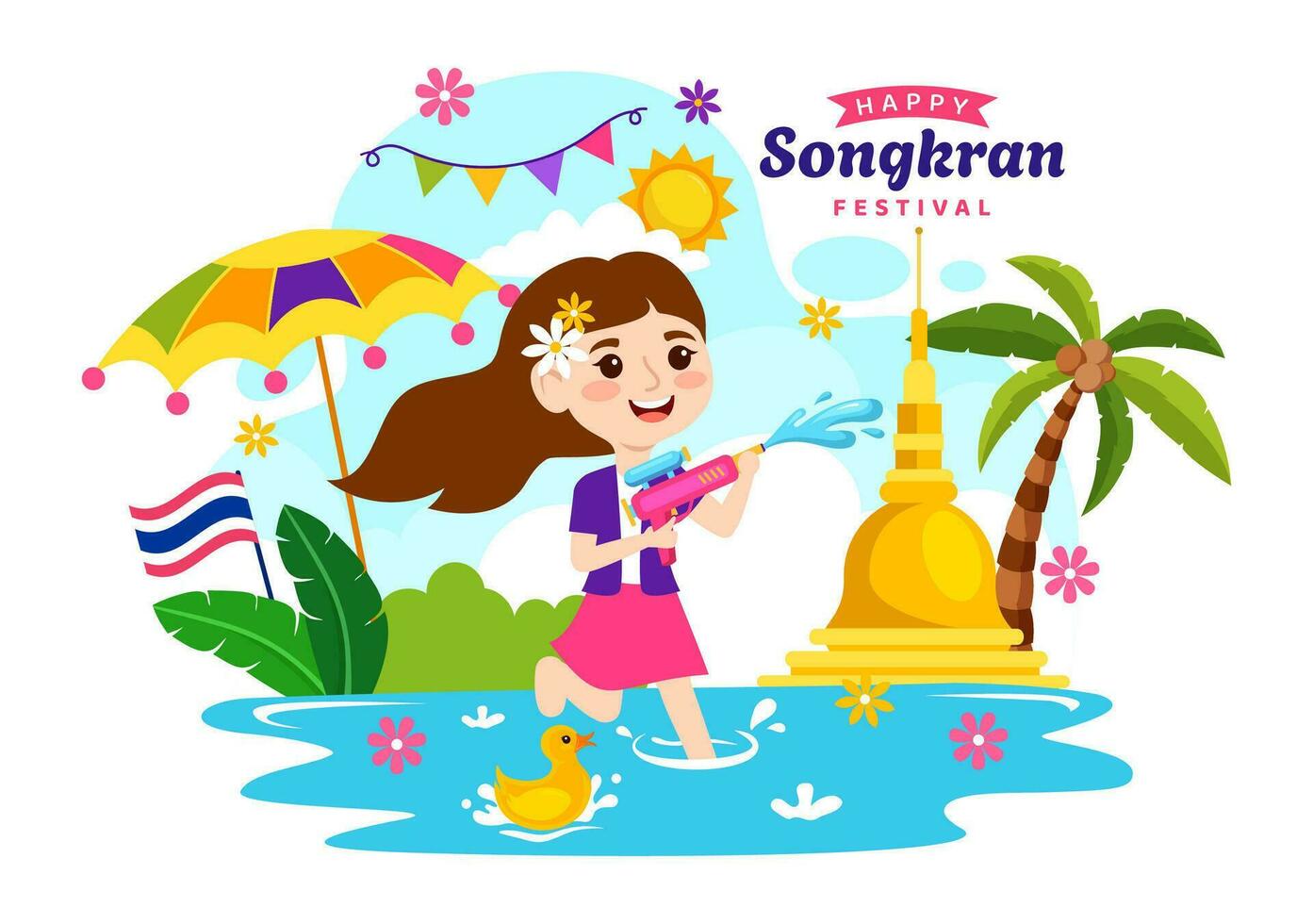 Happy Songkran Festival Day Vector Illustration with Kids Playing Water Gun in Thailand Celebration in National Holiday Flat Cartoon Background