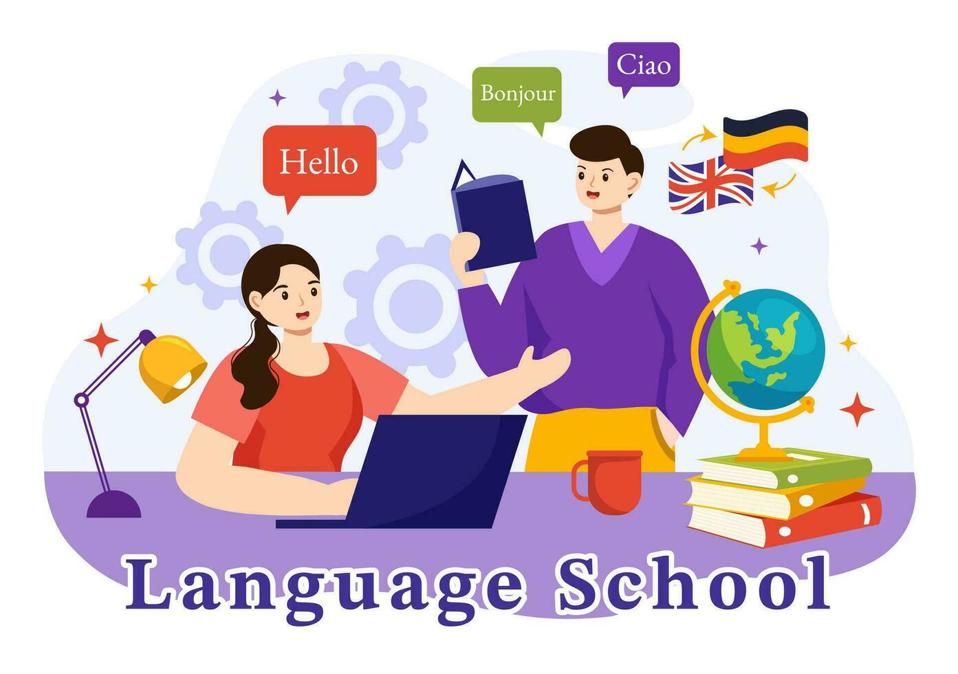 Language School Vector Illustration of Online Learning, Courses, Training Program and Study Foreign Hallo Languages Abroad in Flat Background