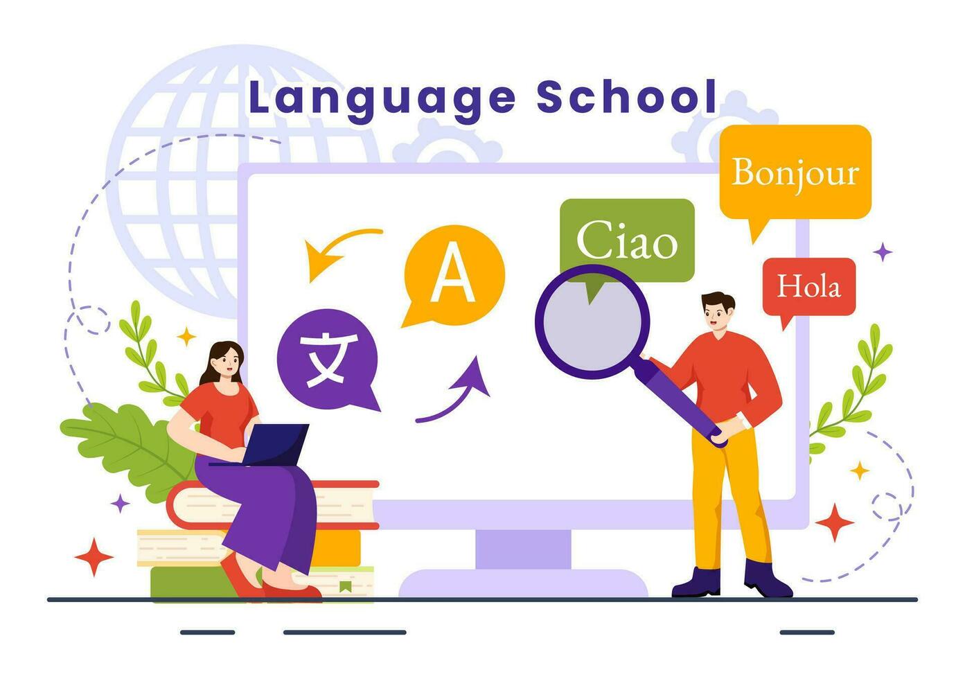 Language School Vector Illustration of Online Learning, Courses, Training Program and Study Foreign Hallo Languages Abroad in Flat Background