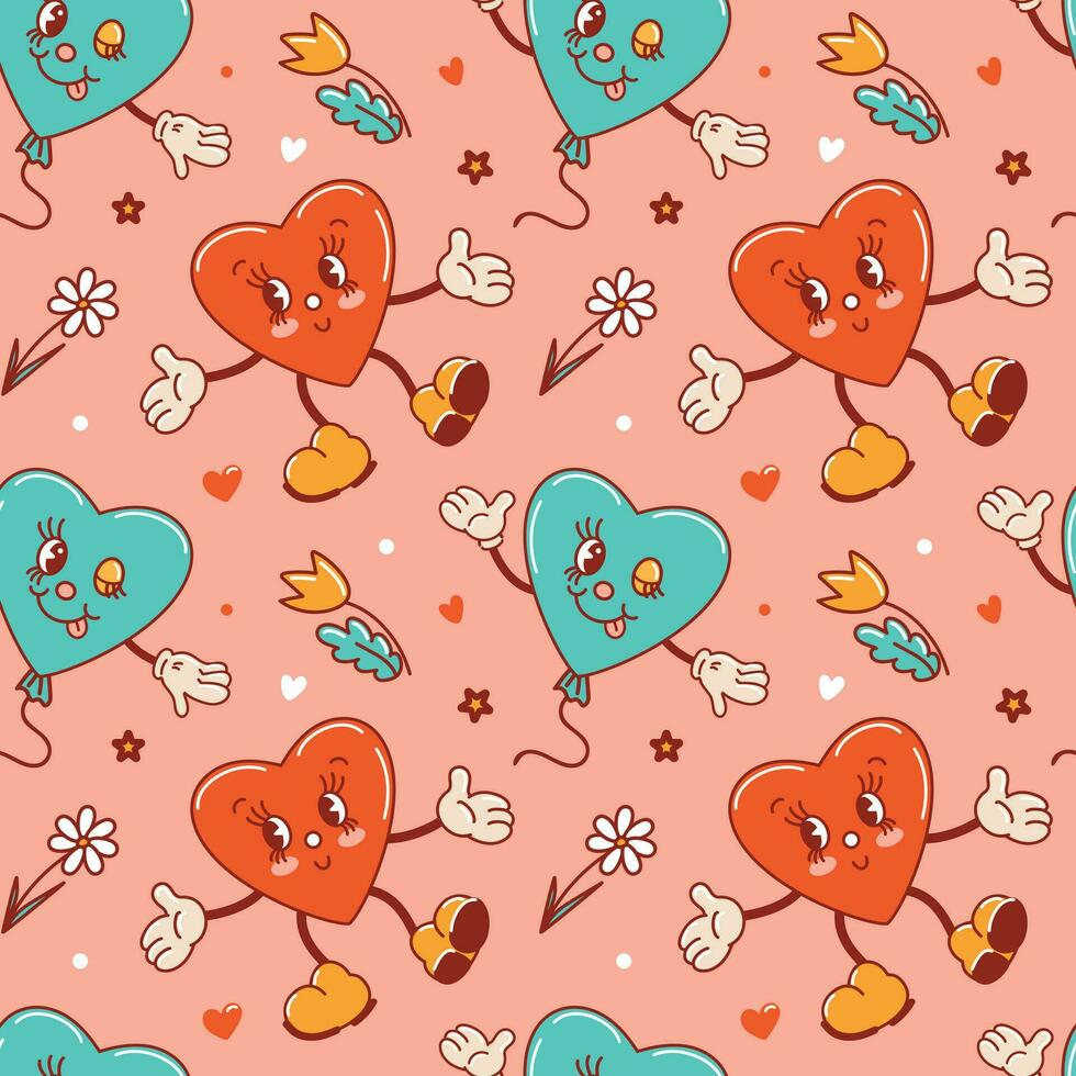 Seamless pattern for Valentines Day. Characters in old retro cartoon style. Dancing funky-groovy cute hearts with flowers, a balloon. For wallpaper, fabric, wrapping, background. vector