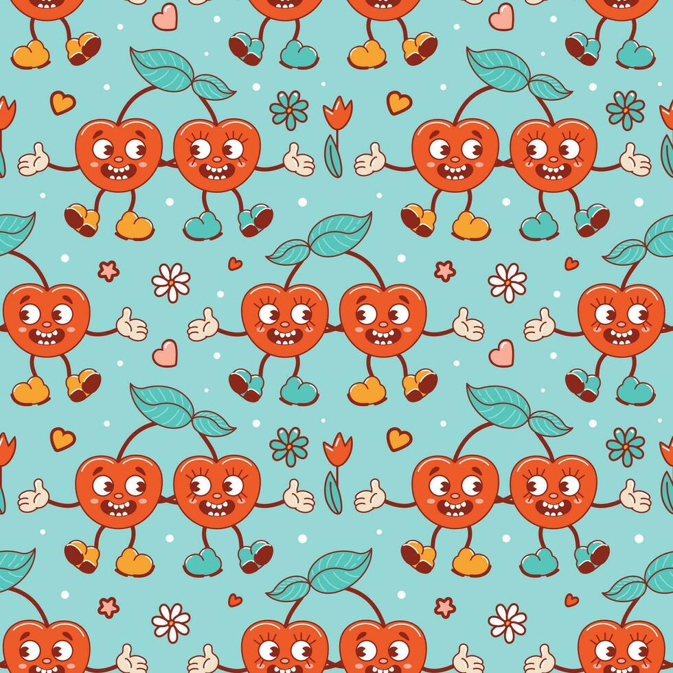 Seamless pattern for Valentines Day. Characters in old retro cartoon style. Dancing funky-groovy cute lovers cherries with flowers. For wallpaper, fabric, wrapping, background. vector