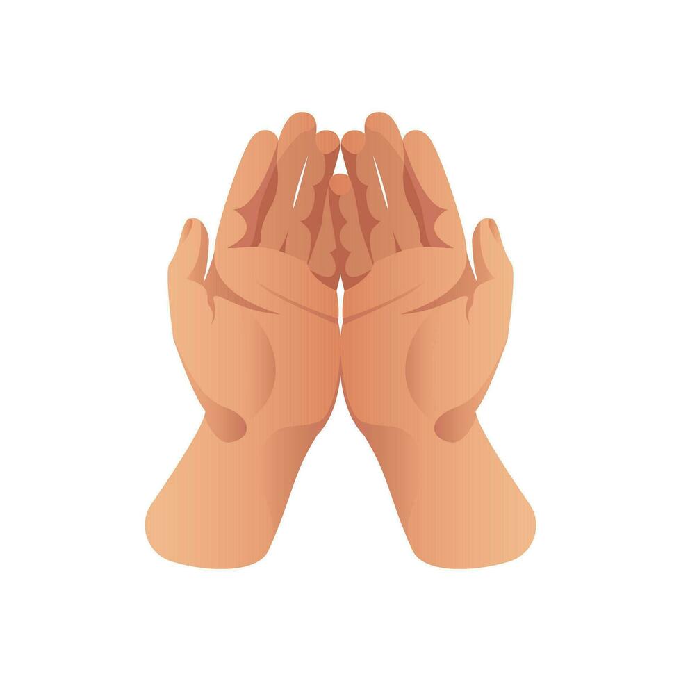 Two open palms offer a prayer. Gestures, hands clasped together. Religion, faith. Vector illustration. For design elements, website, poster, flyer