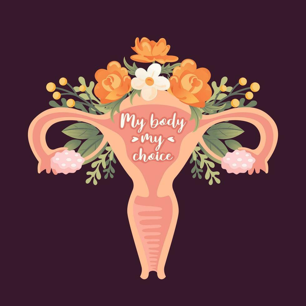 mi cuerpo mi elección. útero y flores mujer salud. hembra reproductivo sistema, ciclo. De las mujeres derechos. feminismo concepto. ubicación de el órganos de el útero, cuello uterino, ovarios, falopio tubos vector