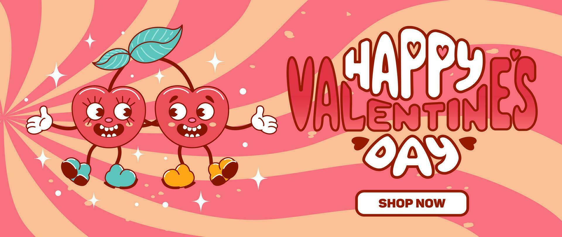 Horizontal banner for Valentines Day. A couple of cherries in love dance and smile. Funny cute characters with faces. Comic elements in trendy old retro cartoon style. For advertising, poster, flyer vector