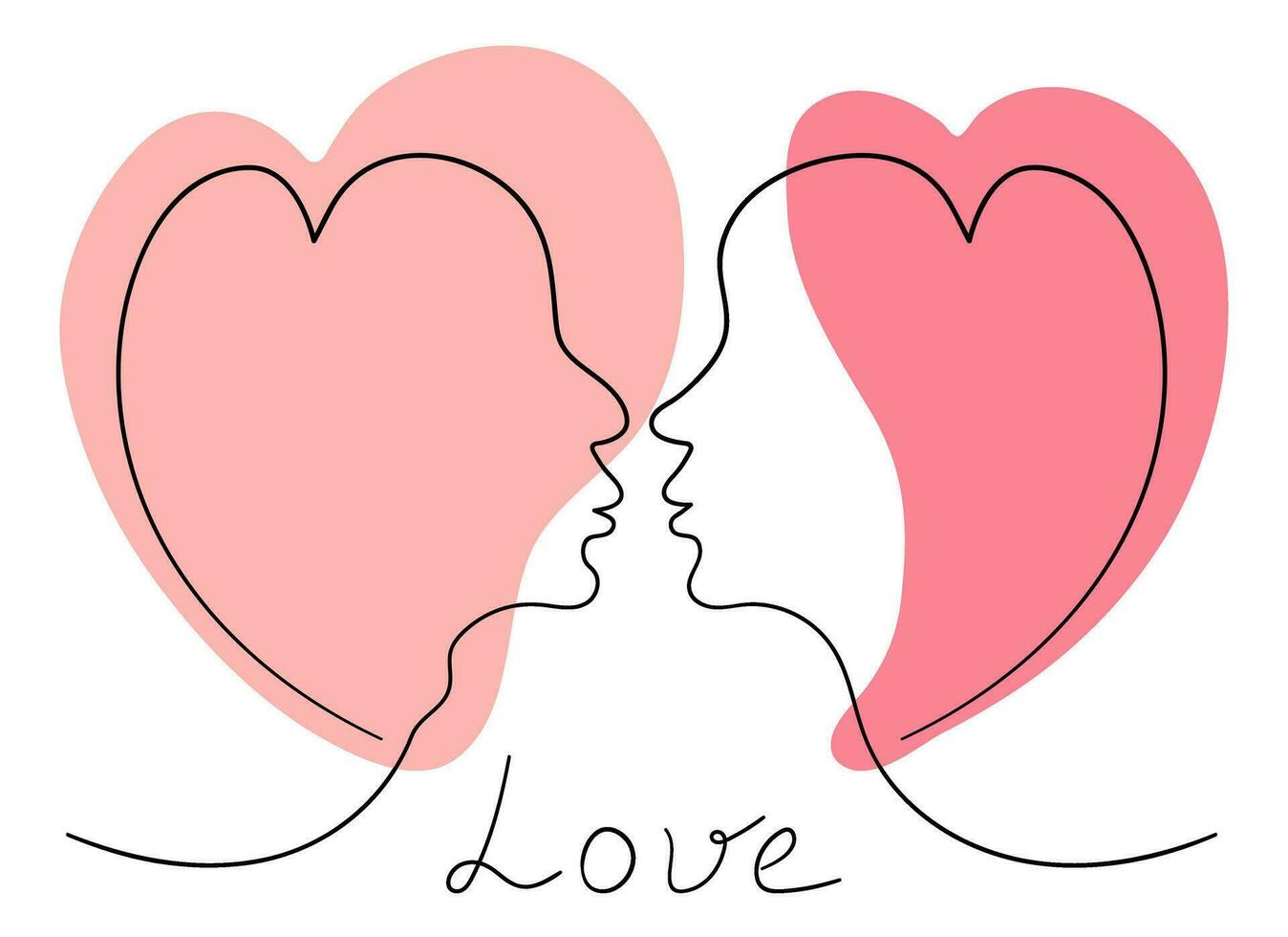 Loving Couple one line drawing design. Kiss outline vector illustration isolated on white background. Love print, cover, poster drawing art. Happy Valentine Day greeting card with hearts