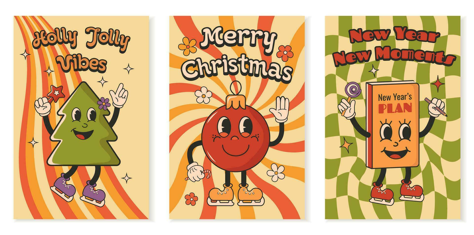 Merry Christmas and Happy New year. Greeting cards groovy, retro 70's vector