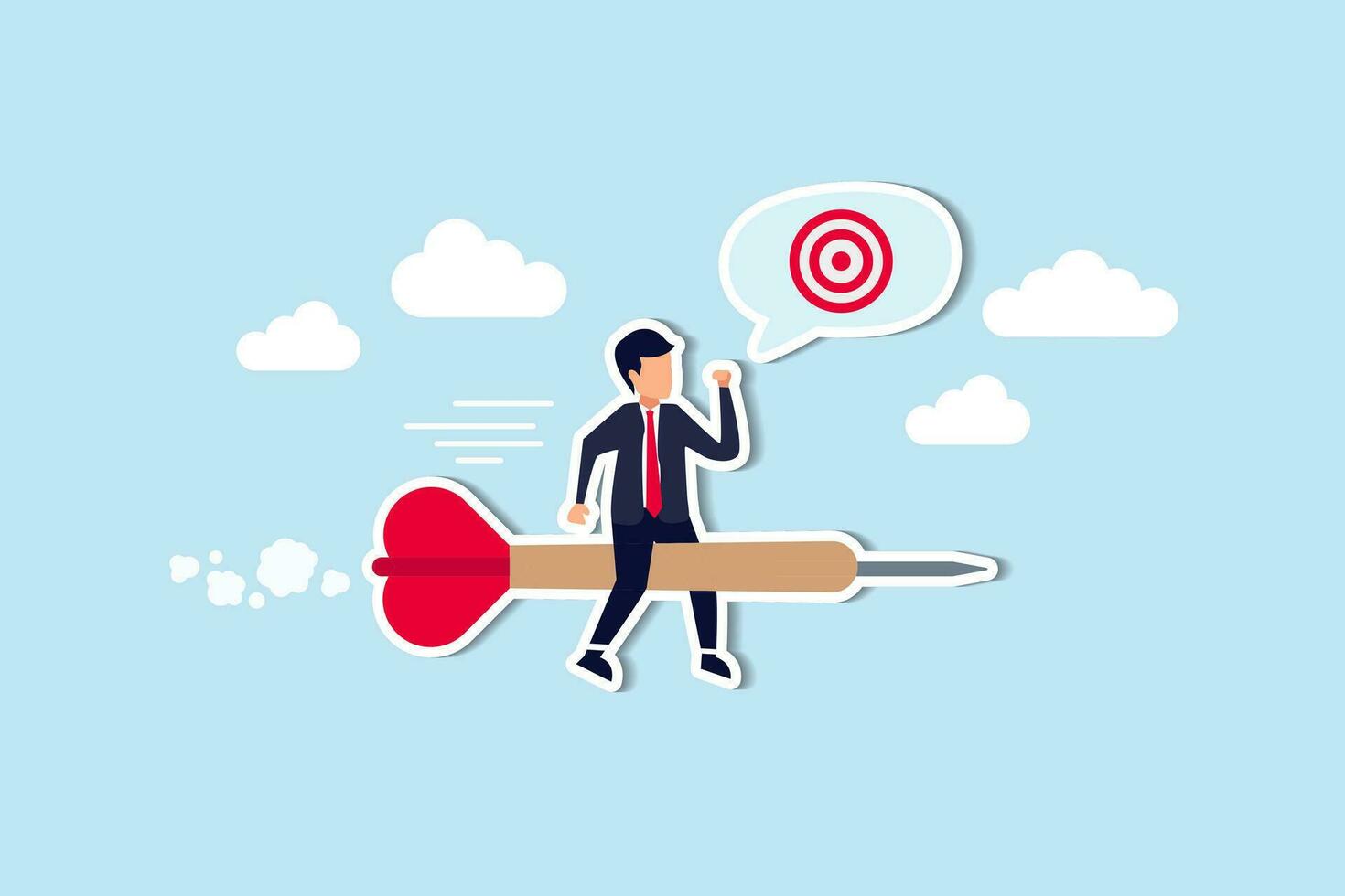 Aiming for target or goal, determination and strategy to reach target and achieve business success, aspiration and direction to win and victory, confidence businessman riding dart aiming for target. vector