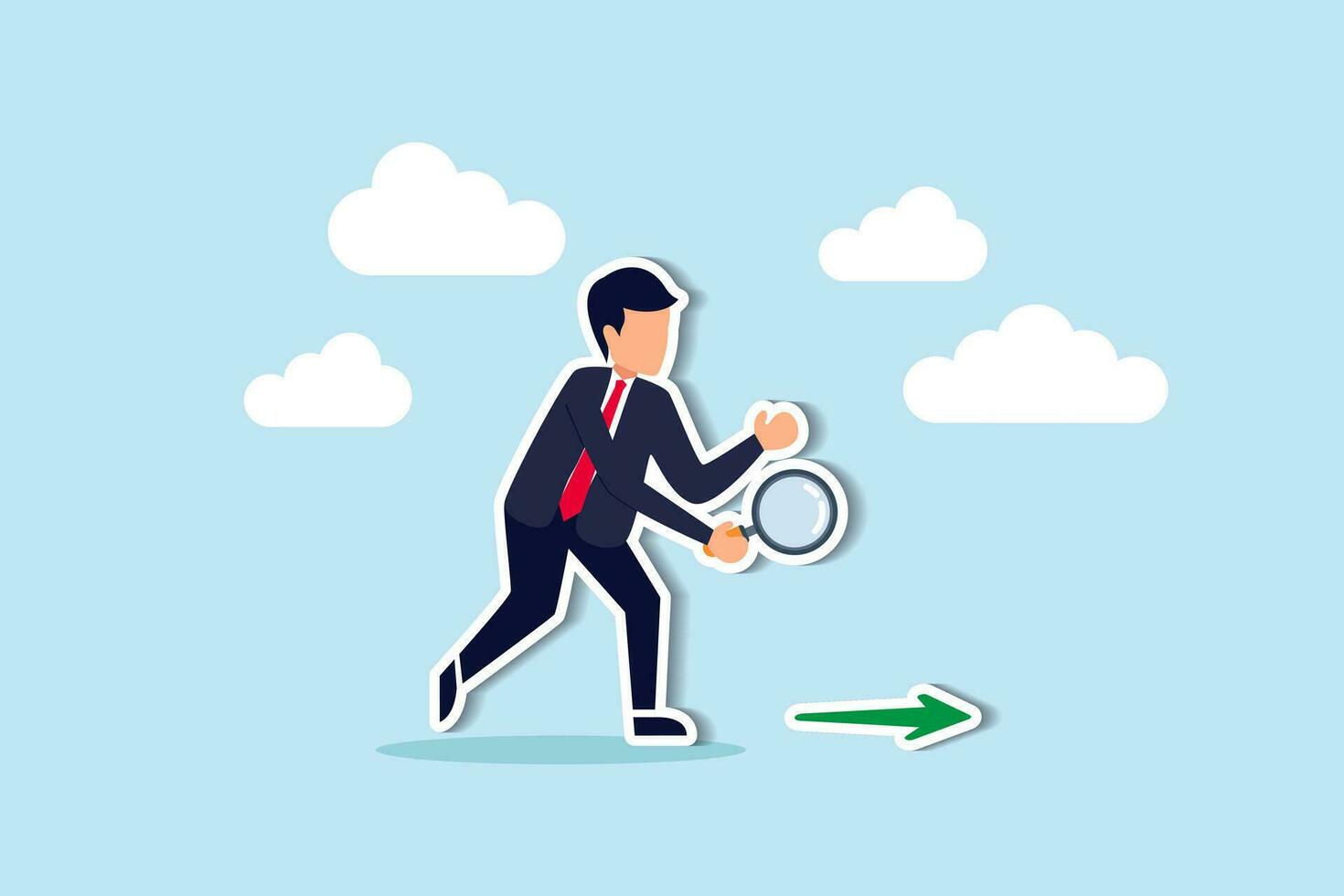 Searching for business direction, strategy or discover business opportunity or solution for work difficulty concept, businessman leader using magnifying glass to discover arrow on the floor. vector