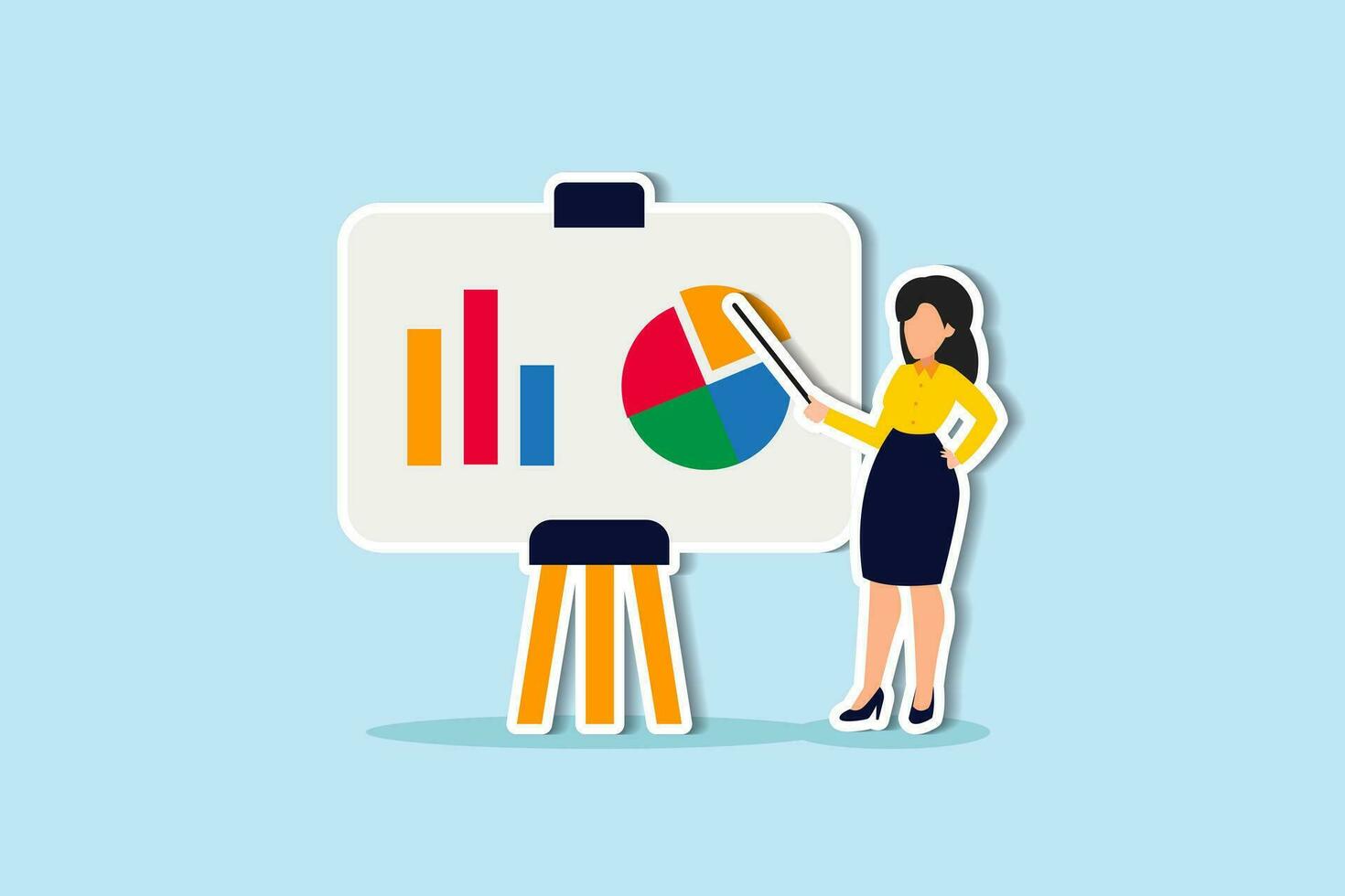 Financial data analysis report, statistic or economic research concept, businesswoman presenting graph and chart on board in the meeting. vector