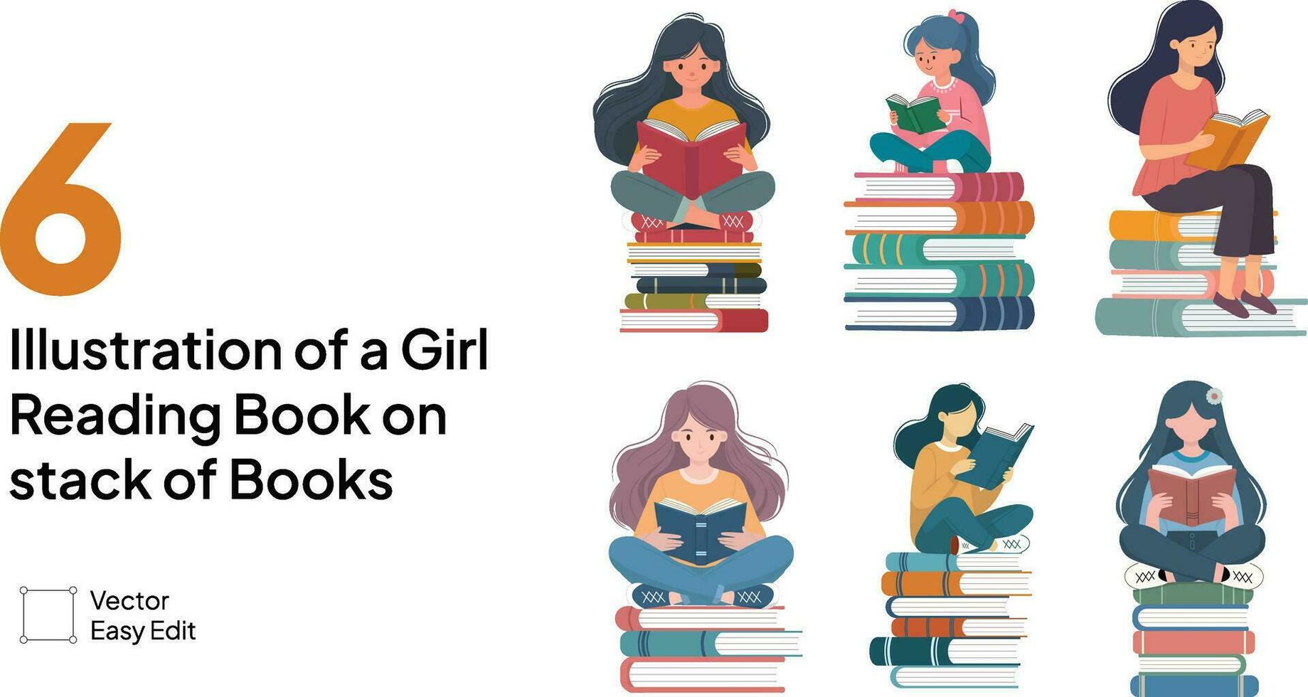 Pack of a girl reading book while sitting on stack of books vector