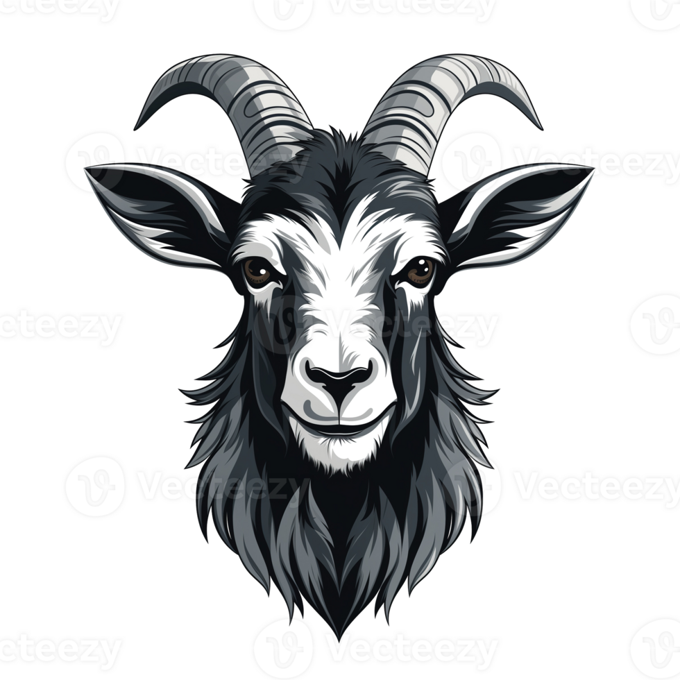 AI generated Goat head with long horns on transparent background png