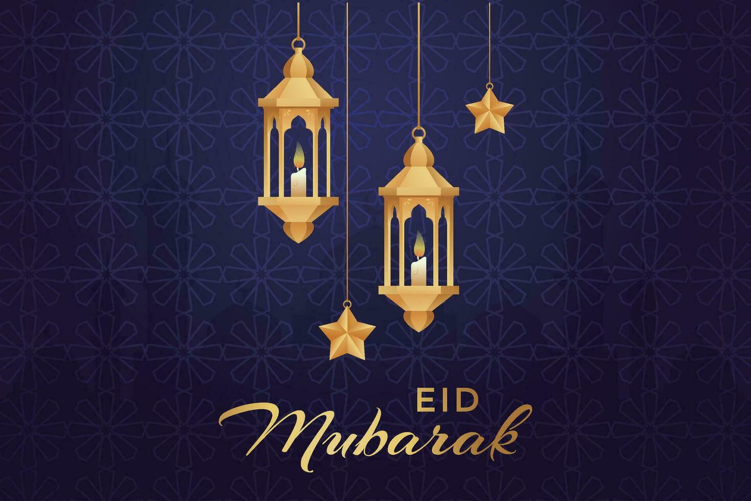 eid al fitr mubarak greeting card with lanterns and stars vector