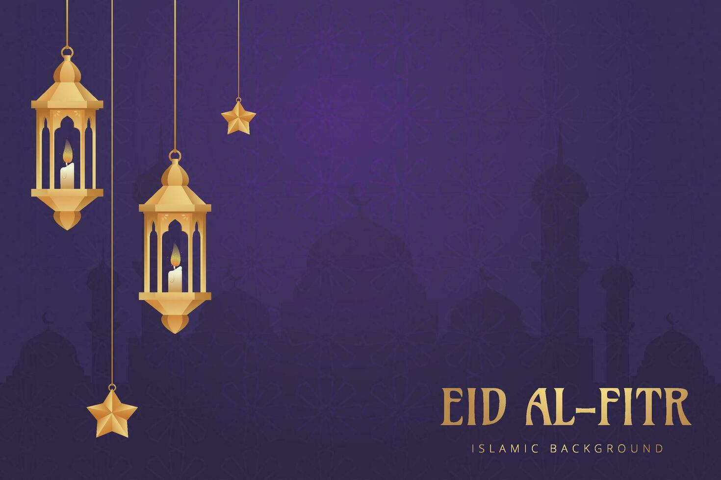 eid mubarak greeting card with hanging lanterns and stars vector