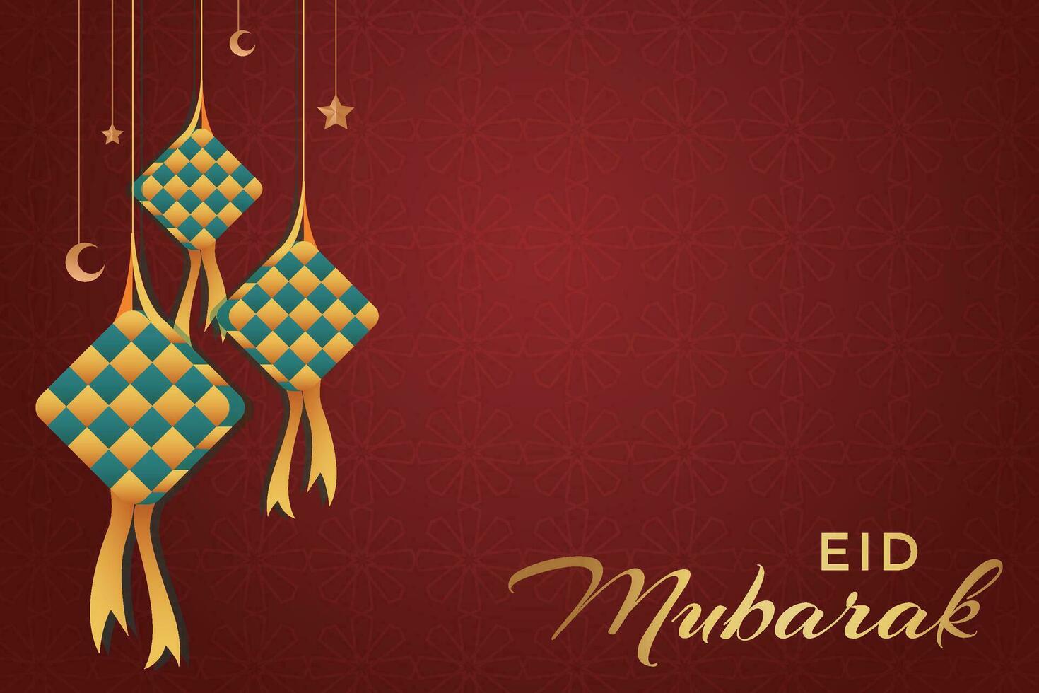 eid mubarak greeting card with hanging lanterns and stars vector