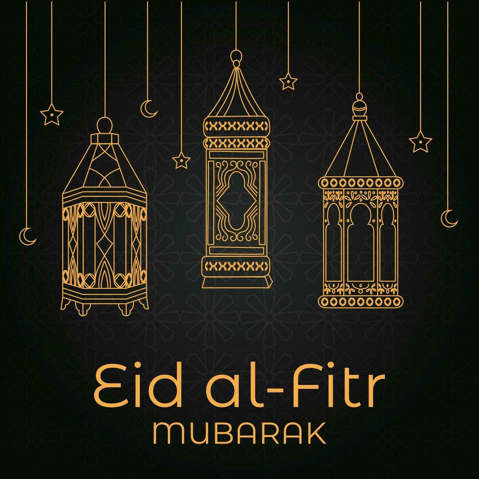 eid mubarak greeting card with lanterns and mosque background vector