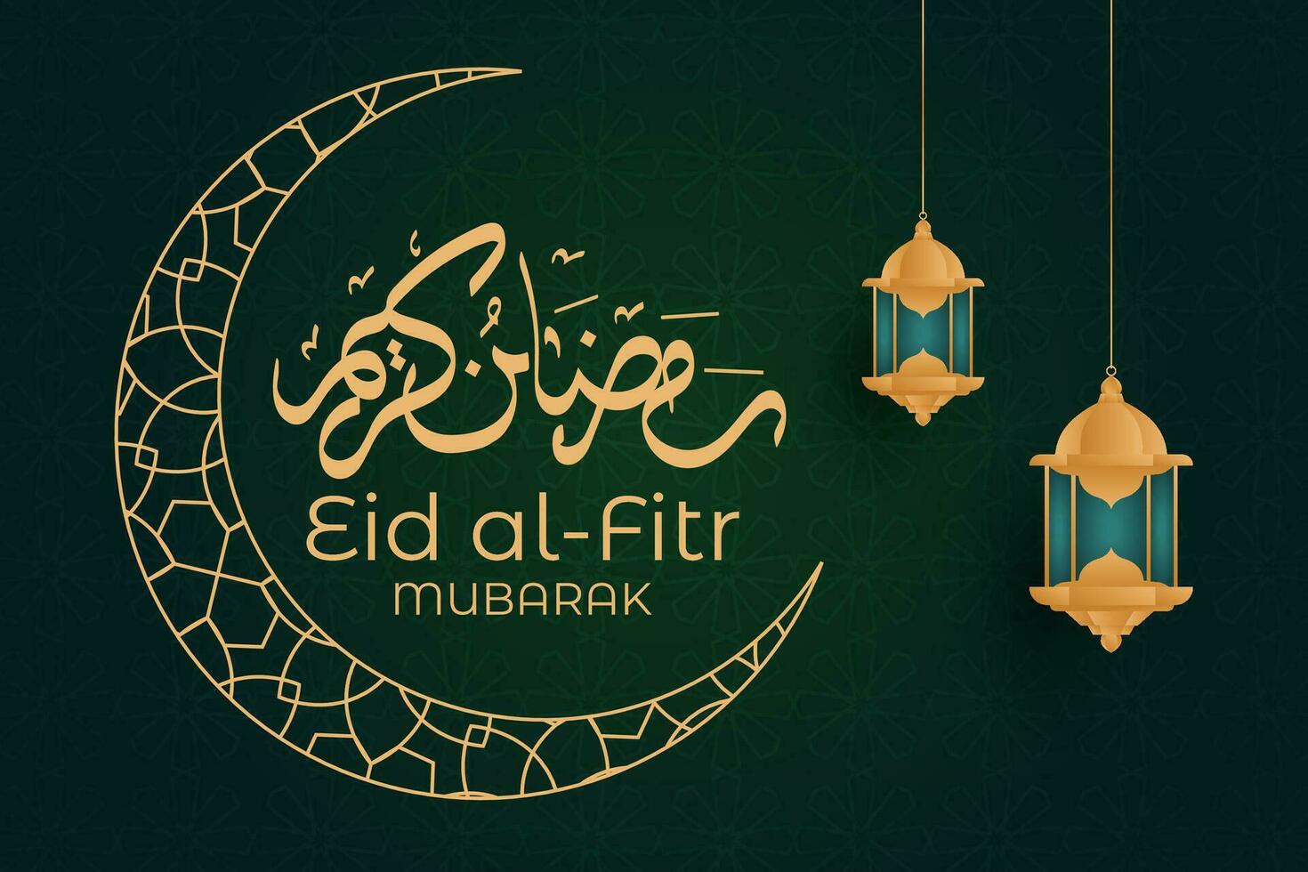 eid al fitr mubarak greeting card with lanterns and crescent vector