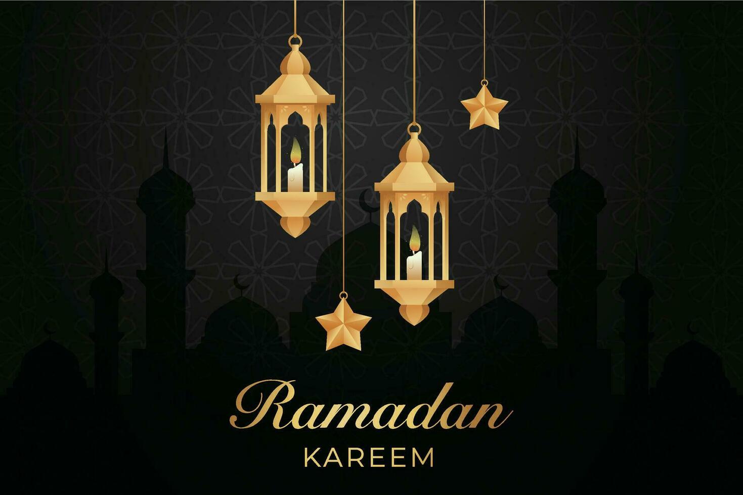 eid mubarak greeting card with hanging lanterns and stars vector