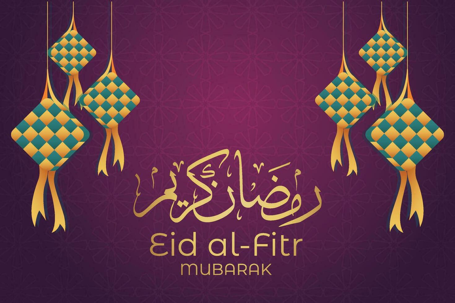 eid al-fitr mubarak greeting card with lanterns and arabic call vector
