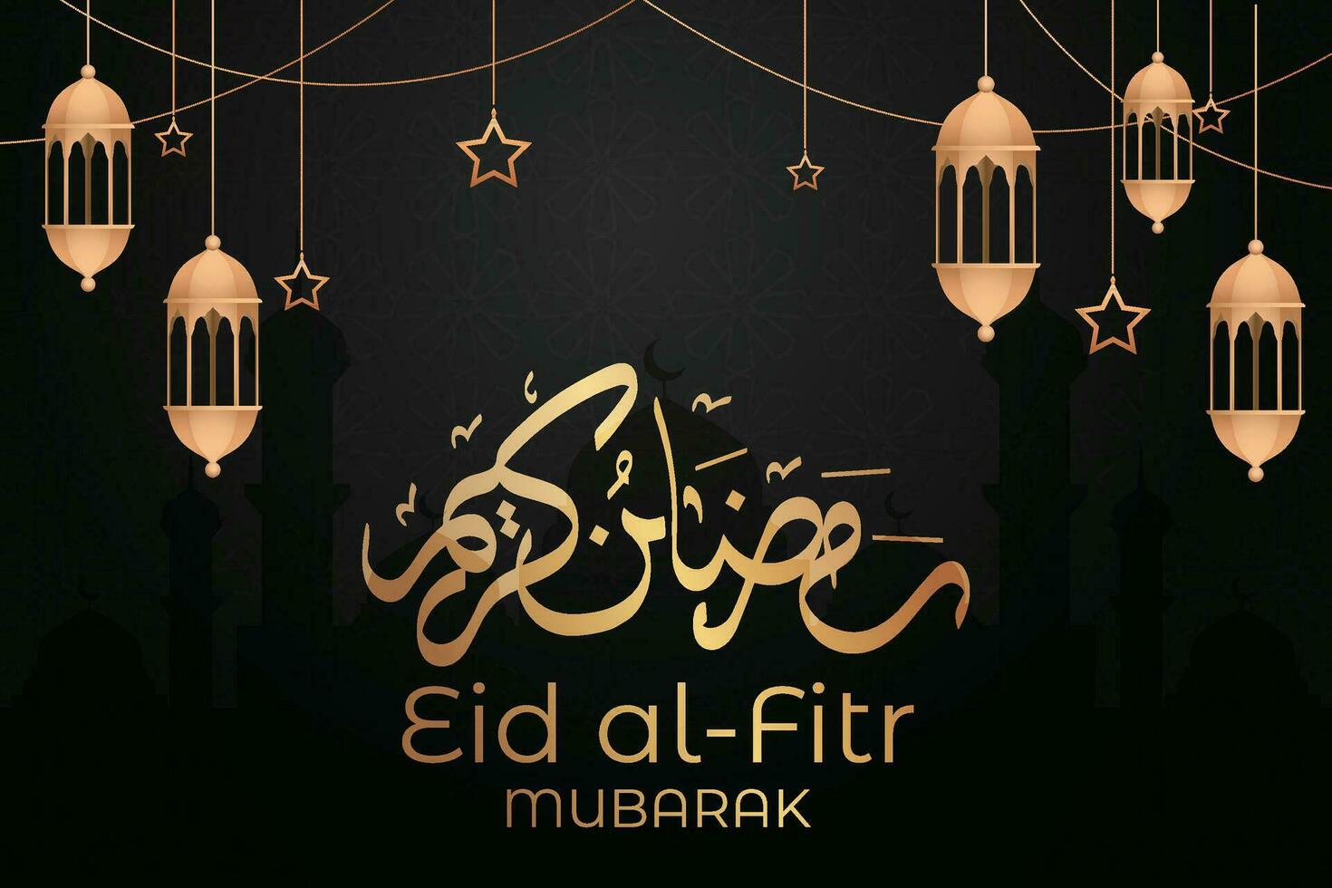 eid Mubarak saludo tarjeta con colgando linternas y estrellas vector