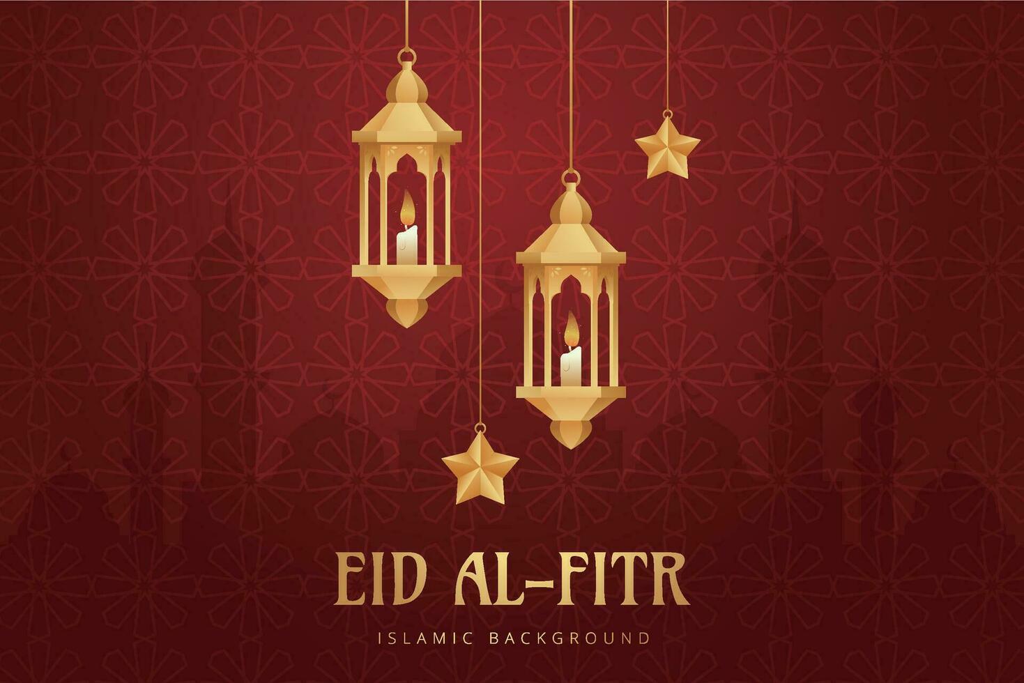 eid mubarak greeting card with hanging lanterns and stars vector