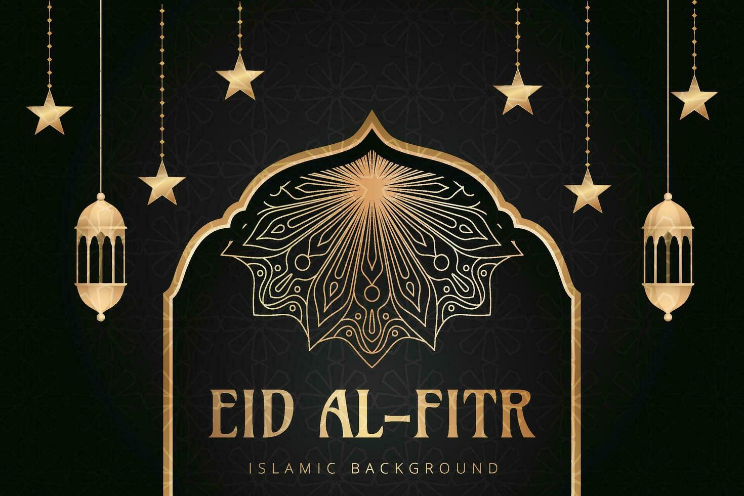 eid mubarak greeting card with hanging lanterns and stars vector