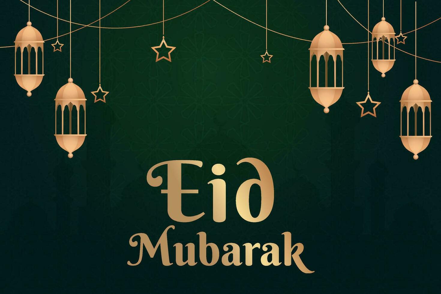 eid mubarak greeting card with hanging lanterns and stars vector