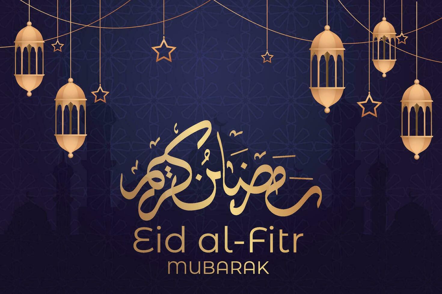 eid al fitr mubarak greeting card with lanterns and stars vector